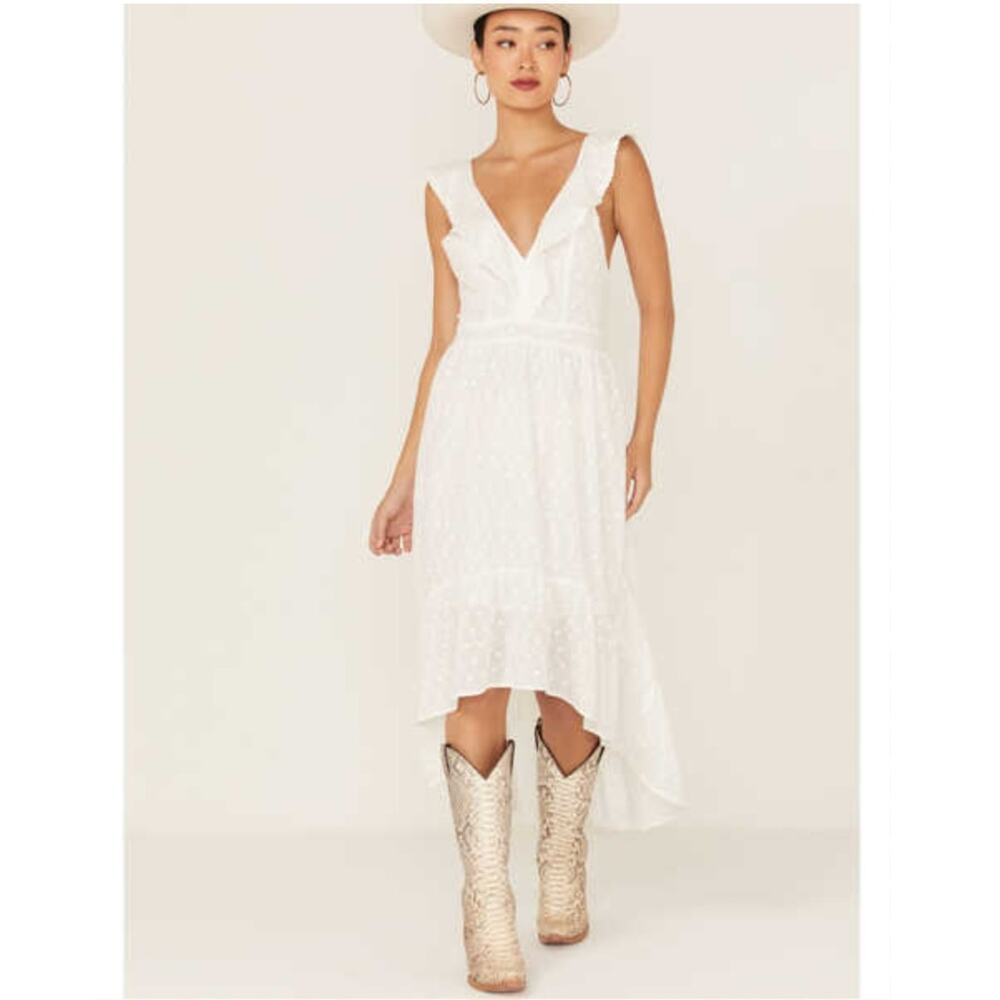 Molly Bracken Women's Ruffle Trim Cross Back Dress White Eyelet Small NWT